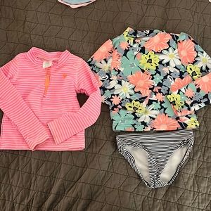 Two Carters 4T long sleeve swim tops rash guards and one swim bottom